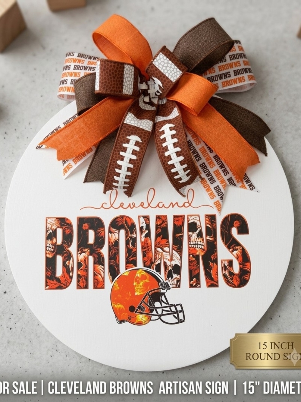 Cleveland Browns Orange & Brown Decorative Round Sign with Ribbon Bow.